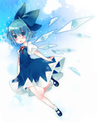 Rule 34 | 1girl, bad id, bad pixiv id, blue eyes, blue hair, bow, cirno, flying, hair bow, mary janes, matching hair/eyes, sanada nako, shoes, solo, touhou, wings, yousei daisensou