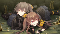 Rule 34 | 2girls, ammunition box, black pantyhose, blush, boots, breasts, brown hair, bullet, closed mouth, fingerless gloves, full body, girls&#039; frontline, gloves, grey hair, grin, hair between eyes, hair ornament, hairclip, highres, jacket, kyo, long hair, looking at viewer, lying, multiple girls, on stomach, one side up, pantyhose, red eyes, ribbon, scar, scar across eye, scar on face, shirt, skirt, smile, twintails, ump45 (girls&#039; frontline), ump9 (girls&#039; frontline), white shirt, yellow eyes