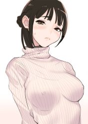 Rule 34 | 1girl, black hair, blush, braid, brown eyes, covered erect nipples, dytm, french braid, highres, original, ribbed sweater, solo, sweater, turtleneck, upper body