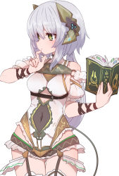 Rule 34 | + +, 1girl, atelier (series), atelier sophie, blush, book, closed mouth, copyright request, cowboy shot, garter straps, gluteal fold, green eyes, hand up, highres, holding, holding book, index finger raised, long hair, navel, open book, plachta, simple background, solo, sumiyao (amam), thigh gap, thighhighs, white background, white hair, white thighhighs
