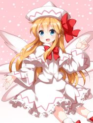 Rule 34 | 1girl, :d, ankle boots, arm up, blonde hair, blue eyes, boots, capelet, fairy wings, feet out of frame, frilled skirt, frills, gradient background, hair between eyes, hair ribbon, hat, highres, lily white, long hair, long sleeves, looking at viewer, on ground, open mouth, outstretched hand, outstretched leg, pink background, pointing, polka dot, polka dot background, red neckwear, red ribbon, ribbon, ruu (tksymkw), shirt, simple background, sitting, skirt, skirt set, smile, solo, touhou, very long hair, white capelet, white shirt, white skirt, wings