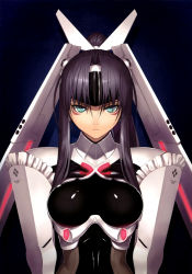 Rule 34 | 10s, 1girl, absurdres, android, black hair, bodysuit, breasts, facial mark, green eyes, hair ornament, highres, long hair, looking at viewer, phantom queen ex-xecty, ponytail, scan, sega, shining (series), shining hearts, solo, tony taka, upper body, visor