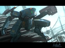 Rule 34 | bottoms1237, clenched hand, glowing, gun, handgun, highres, holding, holding gun, holding weapon, letterboxed, looking up, mecha, no humans, original, pistol, robot, science fiction, shoulder cannon, solo, weapon