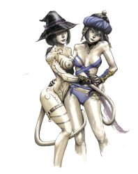 Rule 34 | 00s, 2girls, bare shoulders, black hair, black mage (final fantasy), blue mage, breasts, cameltoe, cleavage, collarbone, final fantasy, final fantasy xi, hands on own hips, hat, large breasts, mithra (ff11), multiple girls, navel, nipple piercing, nipple rings, nipples, nude, piercing, ponytail, stormangel-kyoko, swimsuit, sword, tail, tattoo, thigh strap, weapon
