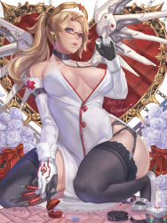 Rule 34 | 1girl, between fingers, black thighhighs, blonde hair, blue eyes, bow, breasts, collar, detached sleeves, fishnet thighhighs, fishnets, flower, garter belt, garter straps, glasses, gloves, gtunver, halo, heart, high ponytail, highres, holding, kneeling, large breasts, looking at viewer, md5 mismatch, mechanical halo, mechanical wings, mercy (overwatch), nurse, overwatch, overwatch 1, perky breasts, ponytail, red-framed eyewear, resolution mismatch, rose, semi-rimless eyewear, side slit, signature, solo, spread wings, stethoscope, syringe, thighhighs, under-rim eyewear, unmoving pattern, wings