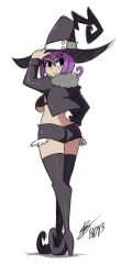 Rule 34 | 00s, 1girl, ass, bad id, bad tumblr id, bigdead, black eyes, blair (soul eater), boots, breasts, from behind, full body, hat, highres, jacket, large breasts, pointy footwear, purple hair, shoes, short shorts, shorts, solo, soul eater, thigh boots, thighhighs, underboob, witch hat