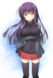 Rule 34 | 1girl, arm under breasts, black sweater, breast hold, breasts, casual, contemporary, cowboy shot, highres, hourai susugu, large breasts, long hair, looking at viewer, malariya, purple eyes, purple hair, quiz magic academy, ribbed sweater, single horizontal stripe, solo, sweater, thighhighs