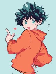 Rule 34 | 1boy, :d, blue background, boku no hero academia, curly hair, freckles, green eyes, green hair, hand on own hip, happy, heart, midoriya izuku, open mouth, orange sweater, pointing, pointing up, short hair, simple background, smile, solo, sweater, torotoro saamon