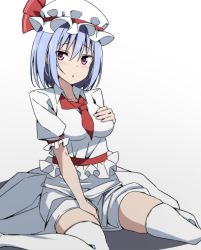 Rule 34 | 1girl, alternate breast size, blue hair, breasts, full body, hand on own chest, hat, hat ribbon, large breasts, light blue hair, looking at viewer, mob cap, open mouth, pink eyes, red ribbon, remilia scarlet, ribbon, shirt, short hair, short sleeves, simple background, sitting, skirt, solo, thighhighs, touhou, to~fuya, wariza, white background, white hat, white shirt, white skirt, white thighhighs