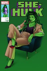 Rule 34 | 1girl, armchair, artist name, black footwear, black shirt, bracelet, breasts, brown jacket, brown pants, chair, character name, cleavage, colored skin, copyright name, crossed legs, english text, green background, green eyes, green hair, green lips, green skin, high heels, highres, jacket, jen bartel, jewelry, large breasts, logo, looking at viewer, marvel, open clothes, open jacket, pants, ring, she-hulk, shirt, simple background, sitting, solo, watermark