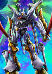 Rule 34 | armor, code geass, commentary, commentary request, dual wielding, energy wings, gloves, glowing, glowing eye, glowing wings, holding, holding sword, holding weapon, lancelot (code geass), lancelot albion, mecha, no humans, robot, sword, weapon, wings, xbonbon