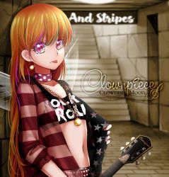 Rule 34 | 1girl, alternate costume, belt, blonde hair, character name, choker, clothes writing, clownpiece, collarbone, contemporary, crop top, fairy wings, guitar, highres, instrument, jewelry, long hair, looking at viewer, midriff, navel, necklace, pink hair, polka dot, rie-co, solo, stairs, star (symbol), star print, striped, tongue, tongue out, touhou, very long hair, wings