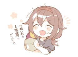 Rule 34 | 1girl, blush stickers, brown hair, closed eyes, food, hair between eyes, hairband, holding, holding food, kantai collection, open mouth, puffy short sleeves, puffy sleeves, red hairband, shakemi (sake mgmgmg), shiratsuyu (kancolle), short hair, short sleeves, simple background, smile, solo, sweet potato, translation request, upper body, vegetable, white background