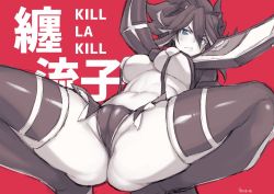 Rule 34 | 1girl, blue eyes, breasts, cameltoe, cleft of venus, copyright name, fat mons, frown, greyscale, kill la kill, matoi ryuuko, monochrome, red background, solo, squatting, takatsuki ichi, thighhighs, thighs, thong, underboob, wedgie