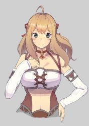 Rule 34 | 1girl, blonde hair, blush, breasts, cleavage, detached sleeves, fiora (xenoblade), green eyes, highres, jewelry, large breasts, long hair, looking at viewer, medaman, medium breasts, midriff, navel, short hair, simple background, smile, solo, thighhighs, xenoblade chronicles (series), xenoblade chronicles 1