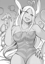 Rule 34 | 1girl, animal ears, boku no hero academia, breasts, carrot, dark-skinned female, dark skin, eyelashes, food, greyscale, half-closed eye, hand on own hip, heart, highres, holding, holding food, holding vegetable, jewelry, leotard, long hair, mirko, monochrome, nail polish, necklace, nstime23, pearl necklace, rabbit ears, rabbit girl, solo, standing, tongue, tongue out, vegetable