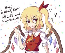 Rule 34 | 1girl, ?, aohadapeach, ascot, commentary, confetti, crystal, english commentary, english text, flandre scarlet, hair between eyes, highres, looking at viewer, medium hair, one side up, open mouth, rainbow order, red eyes, red vest, short sleeves, simple background, solo, touhou, upper body, vest, white background, wings, yellow ascot