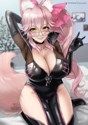 Rule 34 | 1girl, animal ear fluff, animal ears, arm behind head, armpits, artist name, bed sheet, bedroom, black choker, blurry, blurry background, breasts, choker, cleavage, clenched teeth, clothing cutout, collarbone, fate/grand order, fate (series), fox ears, fox girl, fox shadow puppet, fox tail, glasses, glint, groin, highres, hip vent, huge breasts, koyanskaya (assassin) (first ascension) (fate), koyanskaya (fate), long hair, looking at viewer, no bra, no panties, one side up, patreon logo, patreon username, picture frame, pink hair, pink tail, plant, revealing clothes, ryuuneart, see-through, side ponytail, signature, sitting, smile, solo, tail, tamamo (fate), teeth, thigh cutout, thighs, twitter username, wariza, yellow eyes, zipper, zipper pull tab