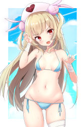 Rule 34 | &gt;:o, 1girl, absurdres, bad id, bad pixiv id, bandaged arm, bandaged leg, bandages, bikini, blonde hair, blue bikini, blush, breasts, claw pose, collarbone, cowboy shot, day, fang, frown, gluteal fold, hair ornament, hat, head tilt, highres, light brown hair, long hair, looking at viewer, micro bikini, natori sana, navel, nurse cap, open mouth, rabbit hair ornament, rafumu (pigmoore369), red eyes, sana channel, side-tie bikini bottom, skindentation, sky, small breasts, solo, stomach, sweat, swimsuit, two side up, v-shaped eyebrows, very long hair, virtual youtuber