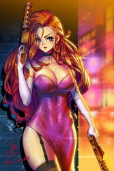 Rule 34 | 1girl, alternate costume, bad id, bad pixiv id, bare shoulders, black thighhighs, breasts, cleavage, dress, dual wielding, elbow gloves, garter straps, gloves, gun, holding, large breasts, league of legends, long hair, looking at viewer, miss fortune (league of legends), mole, mole on breast, red hair, secret agent miss fortune, side slit, solo, strapless, strapless dress, suerte, thighhighs, weapon