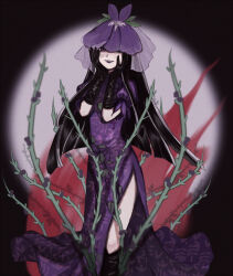 Rule 34 | 1girl, black eyes, black footwear, black gloves, black hair, blush, boots, dress, feet out of frame, flower, flower on head, food print, fruit print, gloves, grape print, knee boots, long hair, looking at viewer, open mouth, plant, purple dress, purple flower, short sleeves, smile, solo, touhou, unfinished dream of all living ghost, vine print, vines, yomotsu hisami, yujup