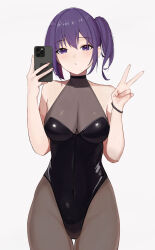 Rule 34 | 1girl, absurdres, bare shoulders, black leotard, bracelet, breasts, cellphone, cleavage, covered navel, cowboy shot, highleg, highleg leotard, highres, holding, holding phone, hololive, hololive english, jewelry, koupi (ku roiko), ku roiko, large breasts, leotard, looking at viewer, no animal ears, pantyhose, personification, phone, purple eyes, purple hair, see-through, selfie, short hair, side ponytail, simple background, smartphone, solo, takodachi (ninomae ina&#039;nis), v, virtual youtuber, white background