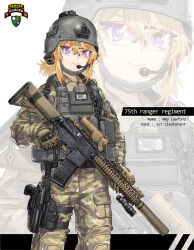 Rule 34 | 1girl, american flag, assault rifle, beretta 92, black headwear, brown gloves, camouflage, camouflage jacket, camouflage pants, chest rig, combat helmet, gloves, green jacket, green pants, gun, handgun, helmet, holster, jacket, kws, m4 carbine, military uniform, original, pants, rifle, scope, smile, solo, suppressor, thigh holster, trigger discipline, uniform, unit patch, united states army, united states army rangers, weapon, white background, woodland camouflage, zoom layer