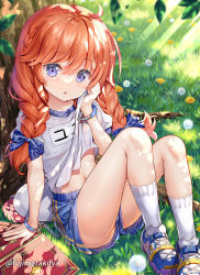 Rule 34 | 1girl, ahoge, arm support, blue bow, blue footwear, blue shorts, blush, book, bow, braid, clothes lift, commentary request, fujima takuya, gym shirt, gym shorts, gym uniform, hair between eyes, hair bow, knees up, long hair, looking at viewer, name tag, navel, on grass, open book, orange hair, panties, panties under shorts, parted lips, plaid, plaid bow, princess connect!, puffy short sleeves, puffy sleeves, purple eyes, shirt, shirt lift, shoes, short shorts, short sleeves, shorts, sitting, socks, solo, tree, twin braids, underwear, white panties, white shirt, white socks, yuni (princess connect!), yuni (school festival) (princess connect!)