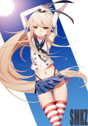 Rule 34 | 10s, 1girl, arms up, blonde hair, elbow gloves, gloves, hairband, highleg, highleg panties, highres, horikwawataru, kantai collection, long hair, navel, panties, personification, shimakaze (kancolle), skirt, socks, solo, striped clothes, striped socks, striped thighhighs, sun, thighhighs, underwear, very long hair, white gloves, yellow eyes