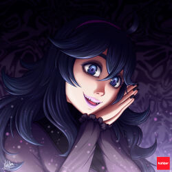 Rule 34 | 1girl, @ @, artist name, bags under eyes, creatures (company), dress, fangs, game freak, gradient eyes, hair between eyes, hairband, hex maniac (pokemon), highres, kuhller, light particles, lipstick, long hair, looking at viewer, makeup, multicolored eyes, nintendo, open mouth, own hands together, patterned background, pink lips, pokemon, pokemon xy, purple dress, purple hair, purple nails, smile, solo, sweater, teeth, turtleneck, turtleneck sweater