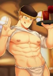 Rule 34 | 1boy, :p, absurdres, alternate costume, bara, blonde hair, blush, clothes lift, fujimachine (clayten), fundoshi, glasses, granblue fantasy, green eyes, hat, highres, japanese clothes, large pectorals, looking at viewer, male focus, male underwear, muscular, pectorals, shirt lift, smile, solo, toned, toned male, tongue, tongue out, tray, underwear, vane (granblue fantasy), white male underwear