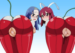 Rule 34 | 2girls, aresta blanket, ass, bent over, blue hair, breasts, fight ippatsu! juuden-chan!!, glasses, headband, huge ass, latex, long hair, looking at viewer, looking back, multiple girls, plug, plug cryostat, presenting, purple eyes, pussy, pussy juice, red hair, short hair, sideboob, smile, torn clothes, uncensored, wet