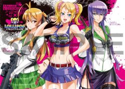 Rule 34 | 1boy, 3girls, antenna hair, armor, armpits, bare shoulders, belt, blonde hair, blood, blue eyes, bracelet, breasts, brown hair, busujima saeko, chainsaw, cheerleader, cleavage, clothes writing, couple, crop top, crossover, frown, grasshopper manufacture, gun, hand on own hip, highschool of the dead, jewelry, juliet starling, katana, large breasts, lollipop chainsaw, long hair, midriff, miniskirt, miyamoto rei, multiple girls, nail polish, necktie, nick carlyle, official art, open mouth, orange eyes, orange hair, pink nails, ponytail, purple hair, red eyes, rifle, sample watermark, satou shouji, school uniform, scrunchie, severed head, short twintails, skirt, smile, standing, sword, thighhighs, twintails, watch, watermark, weapon, wristband, wristwatch
