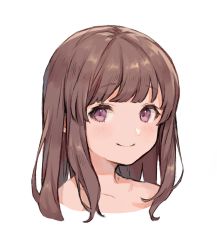 1girl blush brown_hair closed_mouth collarbone cropped_shoulders highres long_hair looking_at_viewer original portrait purple_eyes saino_misaki simple_background smile solo white_background