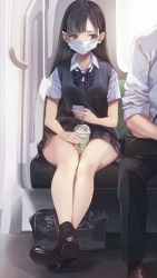 Rule 34 | 1boy, 1girl, absurdres, bag, black bag, black eyes, black footwear, black hair, black neckwear, black pants, black thighhighs, blunt bangs, bow, bowtie, brown footwear, cellphone, collar, collared shirt, cup, disposable cup, drink, drinking straw, highres, holding, holding phone, koh (minagi kou), long hair, looking to the side, mary janes, mask, mouth mask, original, pants, phone, plaid, plaid skirt, product placement, purple skirt, railing, revision, rolling eyes, school bag, school uniform, shirt, shoes, short sleeves, sitting, skirt, smartphone, socks, solo focus, starbucks, straight hair, striped bow, striped bowtie, striped clothes, striped neckwear, surgical mask, thighhighs, thighs, train interior, uniform, vest, white collar, white shirt, window