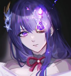 Rule 34 | 1girl, bad id, bad twitter id, chess piece, commentary, electricity, flower, fractalmagnolia, genshin impact, hair flower, hair ornament, long hair, looking at viewer, mole, mole under eye, one eye covered, parted lips, purple eyes, purple flower, purple hair, raiden shogun, ribbon, simple background, solo, symbol-only commentary