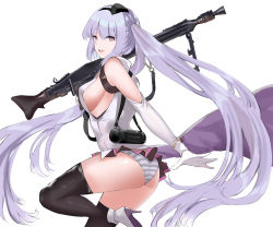 Rule 34 | 1girl, :d, ass, breasts, commentary request, cowboy shot, eyes visible through hair, from side, general-purpose machine gun, girls&#039; frontline, gloves, gun, gun sling, hat, high heels, highres, large breasts, leg up, long hair, machine gun, mg42 (girls&#039; frontline), mg 42, open mouth, over shoulder, panties, pleated skirt, purple eyes, shiben (ugvu5784), sideboob, silver hair, simple background, skirt, smile, solo, striped clothes, striped panties, teeth, thighhighs, thighs, twintails, underwear, upper teeth only, very long hair, weapon, white background, white gloves