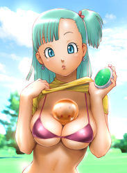 Rule 34 | 1girl, ball, between breasts, bikini, bikini under clothes, blue eyes, blue hair, blunt bangs, blurry, breasts, breasts squeezed together, bulma, cleavage, clothes lift, cloud, day, depth of field, dragon ball, dragon ball (object), dragon radar, earrings, facing viewer, female focus, grass, jewelry, large breasts, lifted by self, lingerie, looking at viewer, matching hair/eyes, medium breasts, micro bikini, one side up, outdoors, parted lips, purple bikini, shirt, shirt lift, short sleeves, sideboob, sky, solo, star (symbol), star print, string bikini, swimsuit, t-shirt, teasing, tree, ueyama michirou, underboob, underwear, undressing, upper body, yellow shirt