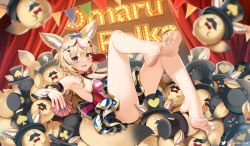 Rule 34 | 1girl, :d, ahoge, animal ear fluff, animal ears, bare legs, barefoot, black hair, blonde hair, blue bow, blue nails, blush, bow, braid, breasts, card, casino (casinoep), character name, dress, duplicate, facial mark, feet, fox ears, gloves, hair bow, hair ornament, heart, heart-shaped pupils, highres, holding, holding card, hololive, long hair, looking at viewer, medium breasts, multicolored clothes, multicolored dress, multicolored hair, multicolored nails, nail polish, omaru polka, omaru polka (1st costume), open mouth, pink hair, pink nails, pixel-perfect duplicate, red gloves, single glove, smile, soles, solo, streaked hair, string of flags, symbol-shaped pupils, toenail polish, toenails, toes, virtual youtuber, wrist cuffs, x hair ornament, zain (omaru polka)