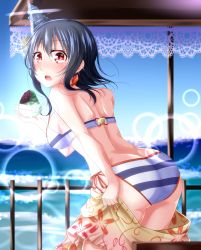 Rule 34 | 10s, 1girl, :o, ass, beach umbrella, bikini, black hair, blush, bowl, breasts, butt crack, dani (kamenoaru), fence, food, hair ornament, highres, ice cream, kantai collection, leaning forward, looking at viewer, looking back, looking to the side, ocean, open mouth, red eyes, sarong, short hair, side-tie bikini bottom, sideboob, solo, spoon, striped bikini, striped clothes, swimsuit, umbrella, yamashiro (kancolle)