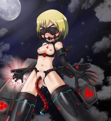Rule 34 | 1girl, absurdres, armpits, ball gag, bare shoulders, black blindfold, blindfold, blonde hair, breasts, censored, claws, cloud, collarbone, corruption, cyber (cyber knight), drooling, erica hartmann, flying, full moon, gag, gagged, harness gag, highres, legs apart, medium breasts, moon, mosaic censoring, navel, neuroi, night, night sky, nipple piercing, nipples, object insertion, outdoors, piercing, pussy juice, revealing clothes, saliva, short hair, sky, solo, strike witches, striker unit, tears, trembling, vaginal, vaginal object insertion, world witches series