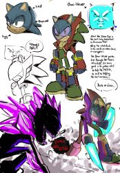 Rule 34 | 2boys, ?, angry, armor, black sclera, colored sclera, commentary, crystal, english commentary, english text, fighting, gloves, green eyes, half-closed eyes, highres, im lazy sheck lol, looking at viewer, mask, multiple boys, omni-viewer (stc), purple eyes, purple teeth, redesign, serious, shadow, sharp teeth, shield, sonic.exe, sonic: execution (comic), sonic (series), sonic the comic, sonic the hedgehog, sonic the hedgehog (archie comics), sword, teeth, weapon, white teeth, worried, xenophanes (sonic.exe), zonic the zone cop
