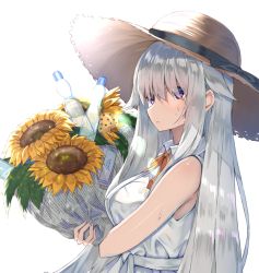 Rule 34 | 1girl, bouquet, dress, flower, from side, grey hair, hair flaps, hair over eyes, hat, holding, holding bouquet, kanikou, lens flare, long hair, looking at viewer, newspaper, original, parted lips, purple eyes, ramune, sidelocks, simple background, solo, straw hat, summer, sun hat, sundress, sunflower, very long hair, white background, white dress