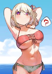 Rule 34 | 1girl, :/, ?, absurdres, areola slip, armpits, arms behind head, arms up, bare arms, bare shoulders, bikini, blonde hair, blue sky, blush, breasts, bright pupils, cleavage, closed mouth, cloud, collarbone, cowboy shot, cross-laced bikini, cross-laced clothes, day, floral print, front-tie bikini top, front-tie top, goe (g-o-e), hair between eyes, hair ribbon, halterneck, highres, horizon, large breasts, looking at viewer, lycoris recoil, mismatched bikini, multicolored eyes, navel, nishikigi chisato, ocean, one side up, orange eyes, outdoors, print bikini, purple eyes, raised eyebrows, red bikini, red ribbon, ribbon, short hair, side-tie bikini bottom, sky, solo, speech bubble, spoken question mark, standing, stomach, swimsuit, underboob, water, water drop, wet, white bikini, white pupils