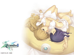 Rule 34 | 2girls, ar tonelico, ar tonelico ii, barefoot, blonde hair, blue hair, breasts, chroche latel pastalie, closed eyes, frelia (ar tonelico), frelia ansul solmarta, gust, hug, large breasts, long hair, luca truelywaath, lying, multiple girls, nagi ryou, no pants, official art, on back, on side, open clothes, open shirt, panties, purple eyes, shirt, short hair, sideboob, sleeping, soup (ar tonelico), striped clothes, striped panties, underwear, yuri