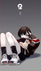 Rule 34 | 1girl, absurdres, animal, black hair, black socks, black sweater, blue eyes, cat, commentary, copyright request, full body, gradient background, grey background, hand on own head, highres, iris yi, kneehighs, knees up, long sleeves, lying, on back, pale skin, shoes, short hair, sleeves past wrists, sneakers, socks, solo, sweater, white footwear