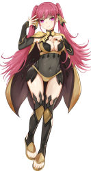 Rule 34 | 1girl, absurdres, alternate costume, bodystocking, breasts, cape, cleavage, commission, cosplay, dark mage (fire emblem fates), feet, female focus, fire emblem, fire emblem: three houses, fire emblem fates, full body, hands on own chest, highres, hilda valentine goneril, long hair, medium breasts, navel, nintendo, nug, open-toe shoes, ophelia (fire emblem), ophelia (fire emblem) (cosplay), panties, pink eyes, pink hair, simple background, smile, solo, thighhighs, twintails, underwear, white background, yellow cape, yellow panties