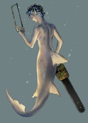 Rule 34 | 1boy, 5altybitter5, air bubble, blue hair, bubble, chainsaw, closed mouth, completely nude, fins, from behind, full body, gills, grey background, hand saw, head fins, highres, holding, holding chainsaw, male focus, merman, monster boy, nude, original, saw, short hair, simple background, solo, underwater