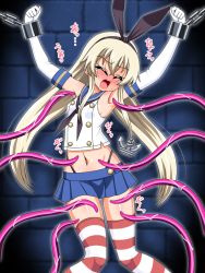 Rule 34 | 1girl, anchor hair ornament, black hairband, black neckerchief, black panties, blonde hair, blue sailor collar, blush, chain, closed eyes, commentary request, cowboy shot, crop top, cuffs, elbow gloves, gloves, hair ornament, hairband, highleg, highleg panties, kantai collection, long hair, microskirt, miniskirt, neckerchief, panties, sailor collar, shackles, shimakaze (kancolle), skirt, solo, striped clothes, striped thighhighs, tentacles, thighhighs, underwear, white gloves, yaeba