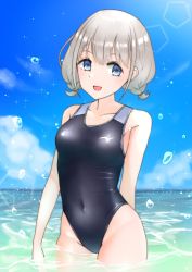 Rule 34 | 1girl, black one-piece swimsuit, blue eyes, blue sky, cloud, commentary request, competition swimsuit, cowboy shot, highres, horizon, idolmaster, idolmaster shiny colors, lens flare, looking at viewer, low twintails, ocean, one-piece swimsuit, pottya, serizawa asahi, short hair, silver hair, sky, solo, swimsuit, twintails, water